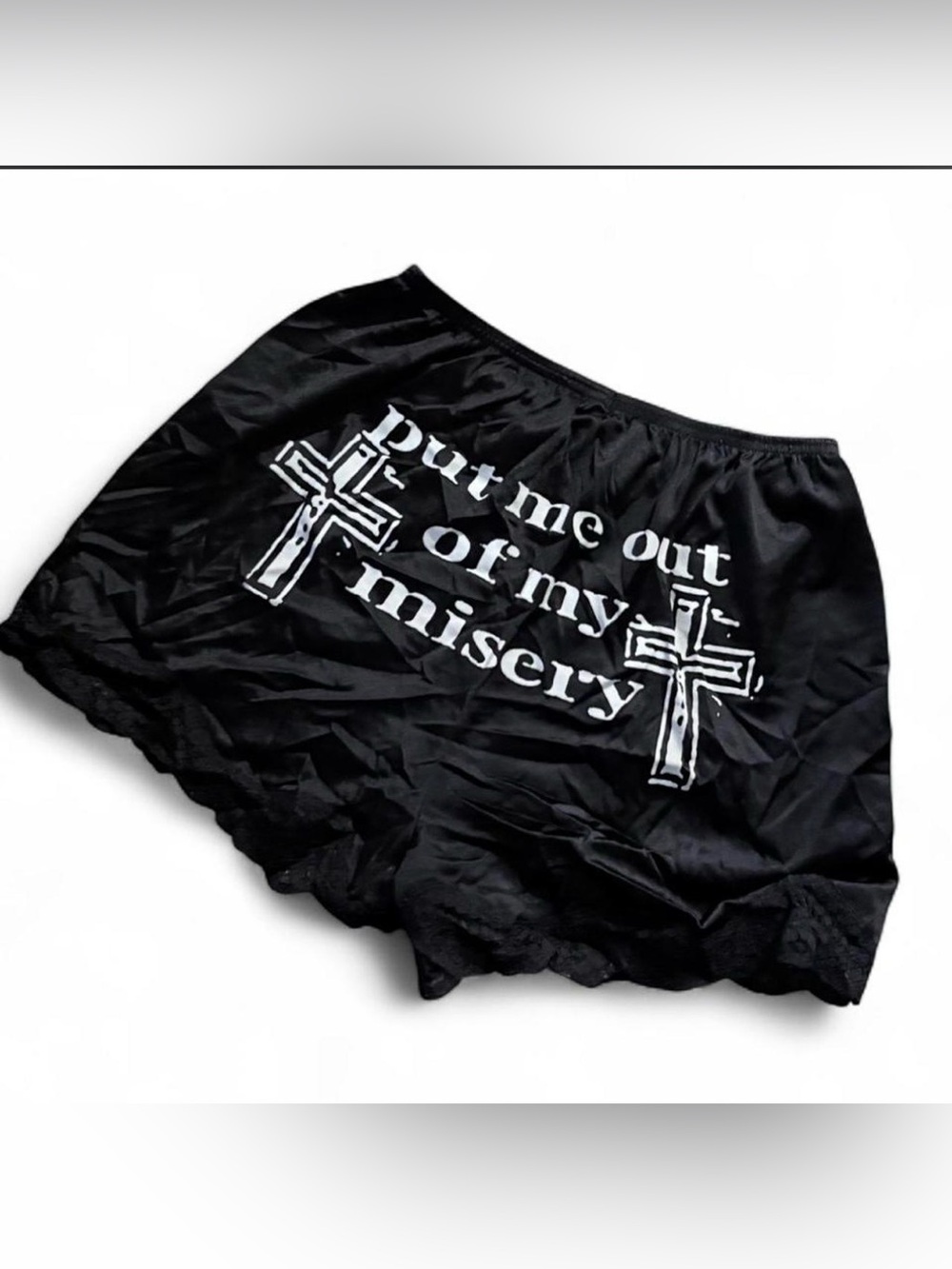 Black Satin Graphic Sleep Shorts - "Put me out of my misery"